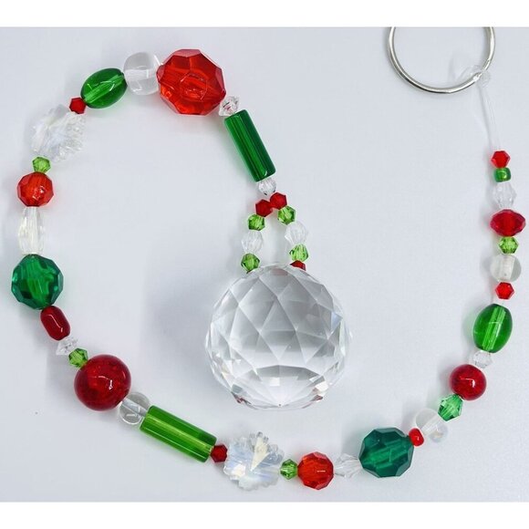 Beaded Christmas Suncatcher Red Green Clear Crystal Prism Hanging Patio Decor - Picture 1 of 10